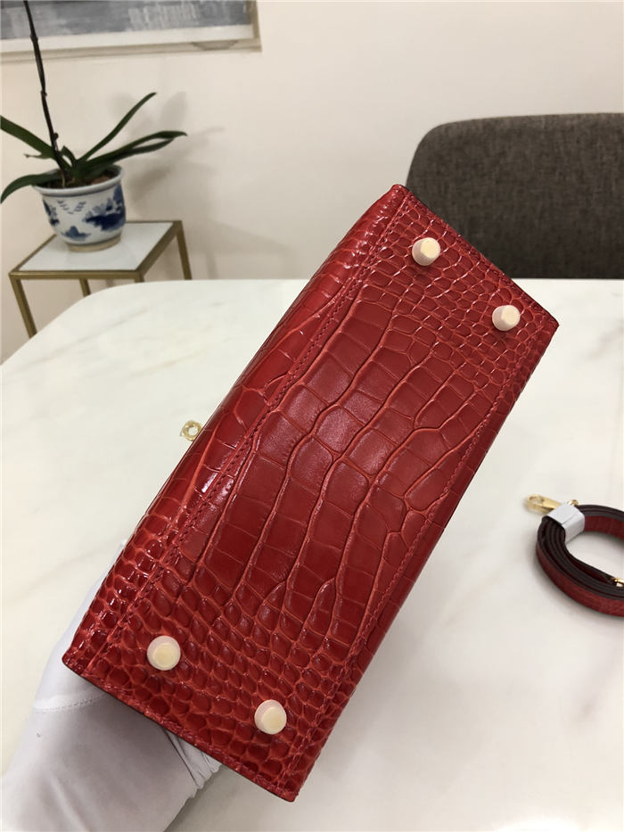 Hermes Kelly 25cm Sellier Bag Embossed Crocodile Leather In Red High