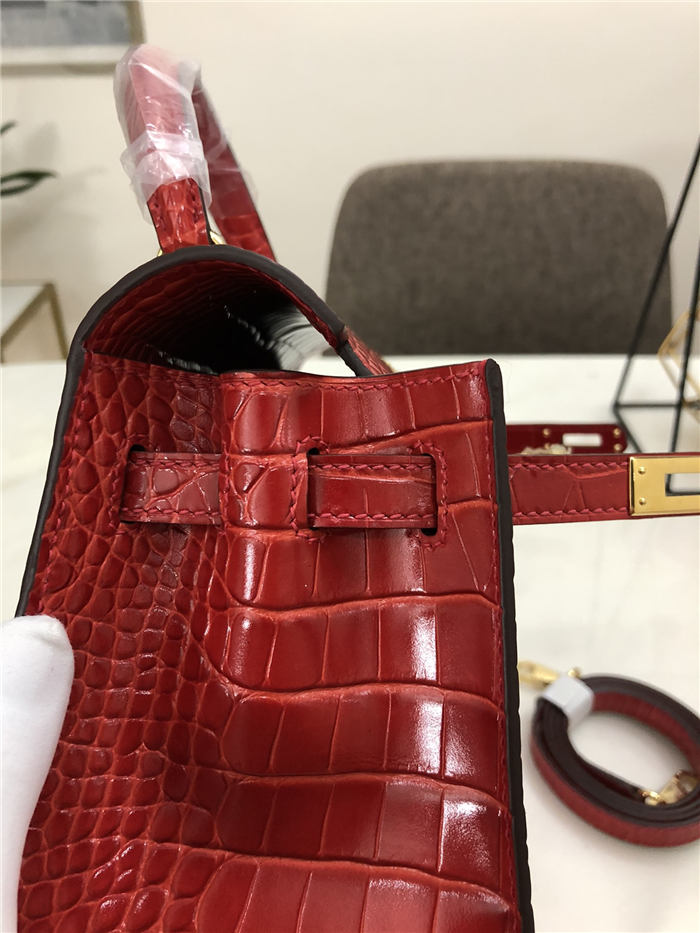 Hermes Kelly 25cm Sellier Bag Embossed Crocodile Leather In Red High