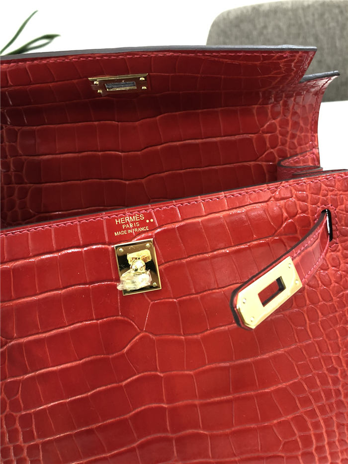 Hermes Kelly 25cm Sellier Bag Embossed Crocodile Leather In Red High