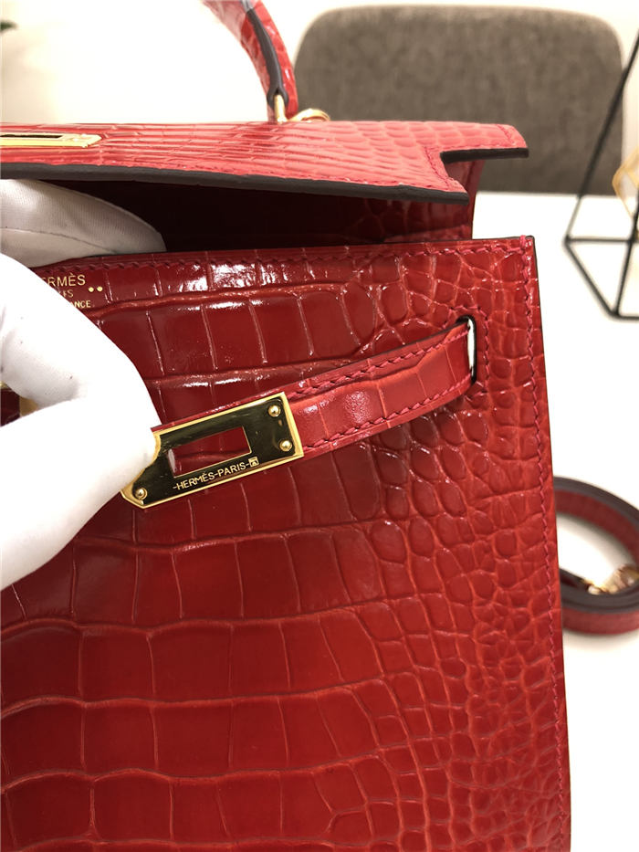 Hermes Kelly 25cm Sellier Bag Embossed Crocodile Leather In Red High