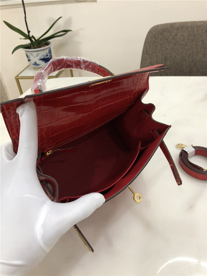 Hermes Kelly 25cm Sellier Bag Embossed Crocodile Leather In Red High