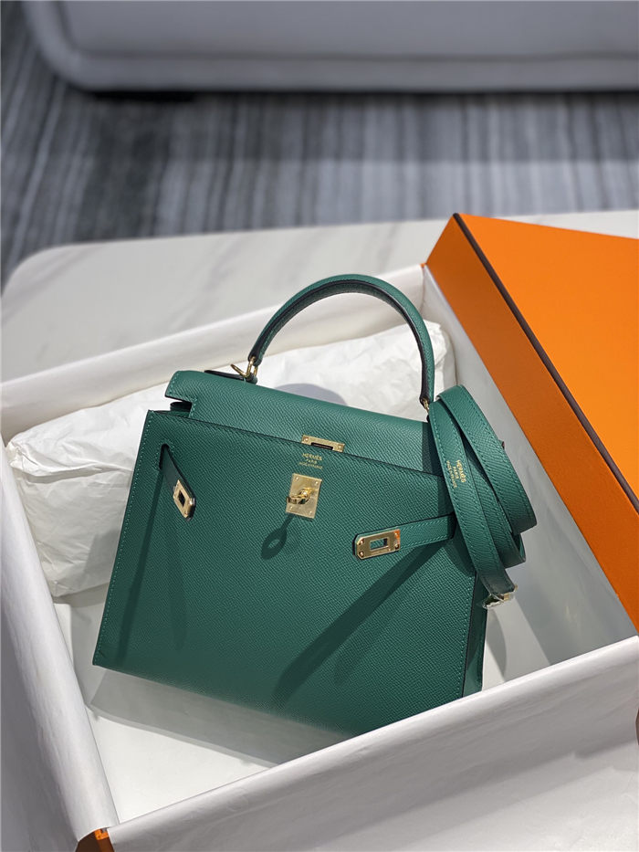 Hermes Kelly 25/28cm Sellier Bag Epsom Leather Silver/Gold Metal In Vert foncé High