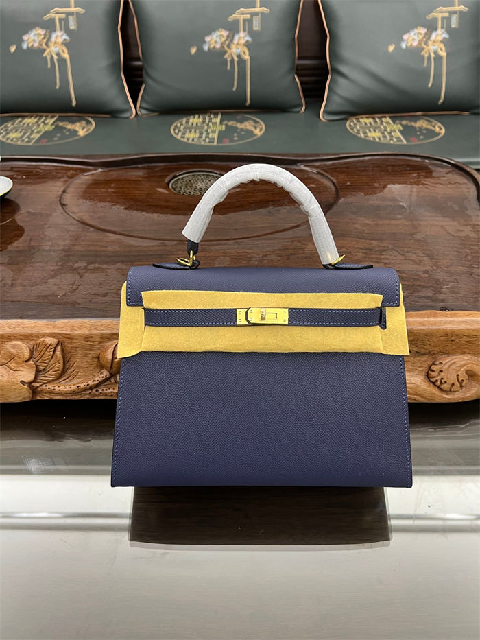 Hermes Kelly 25/28cm Sellier Bag Epsom Leather Silver/Gold Metal In Agate Blue High