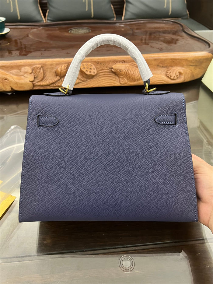 Hermes Kelly 25/28cm Sellier Bag Epsom Leather Silver/Gold Metal In Agate Blue High