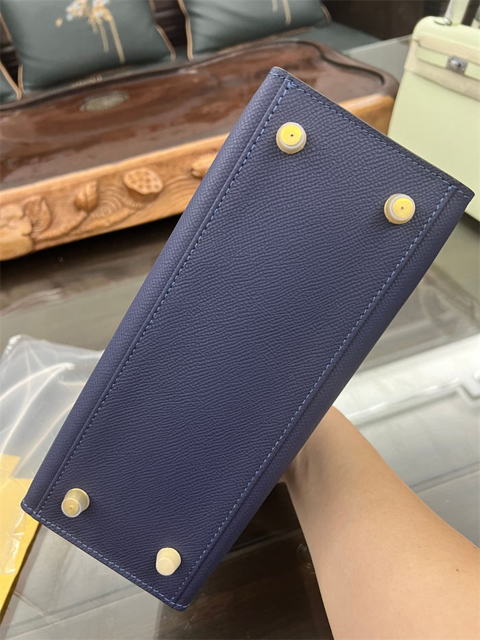 Hermes Kelly 25/28cm Sellier Bag Epsom Leather Silver/Gold Metal In Agate Blue High