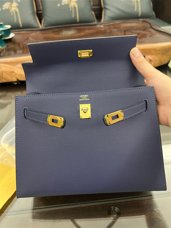 Hermes Kelly 25/28cm Sellier Bag Epsom Leather Silver/Gold Metal In Agate Blue High