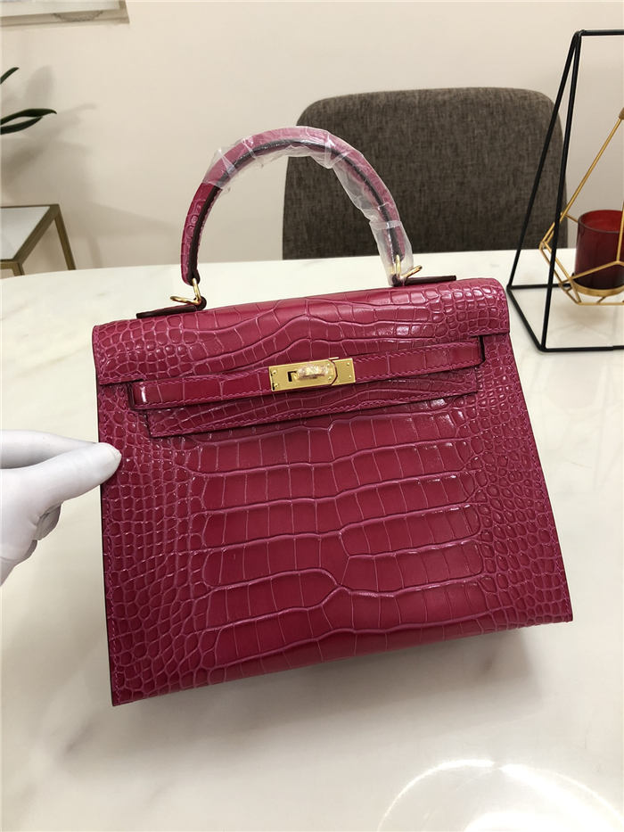 Hermes Kelly 25cm Sellier Bag Embossed Crocodile Leather In Magenta High