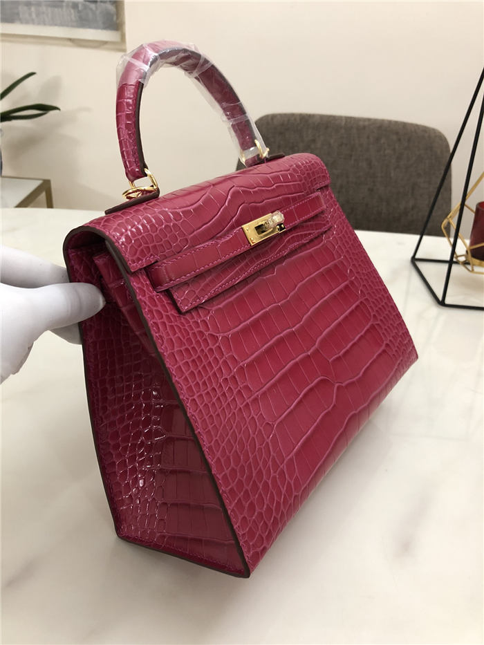 Hermes Kelly 25cm Sellier Bag Embossed Crocodile Leather In Magenta High