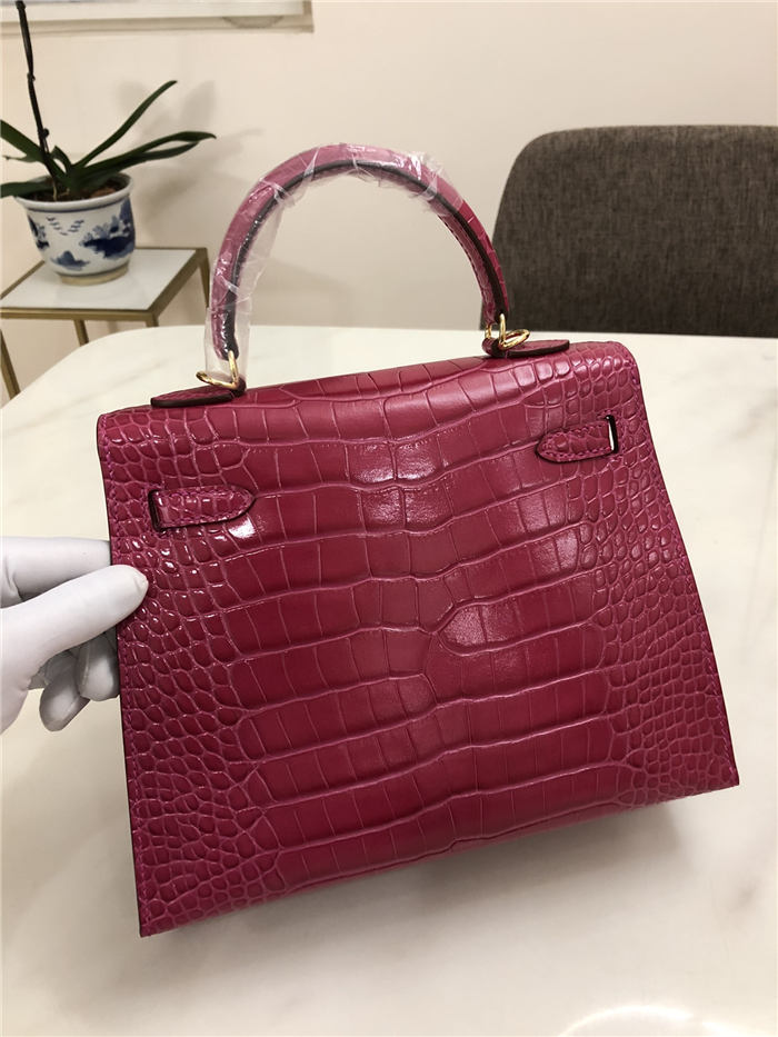 Hermes Kelly 25cm Sellier Bag Embossed Crocodile Leather In Magenta High