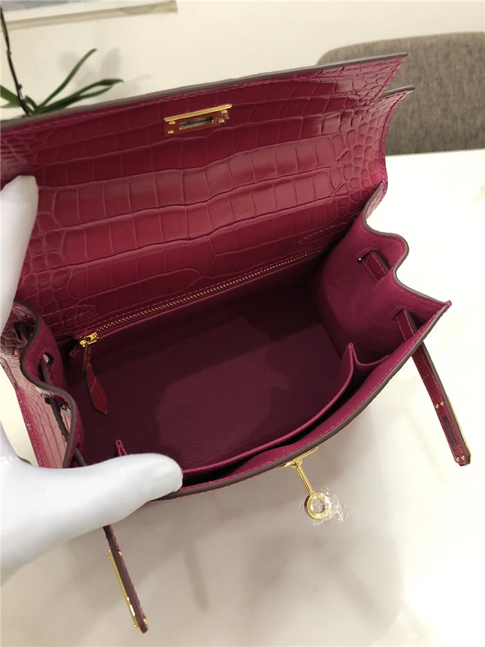 Hermes Kelly 25cm Sellier Bag Embossed Crocodile Leather In Magenta High