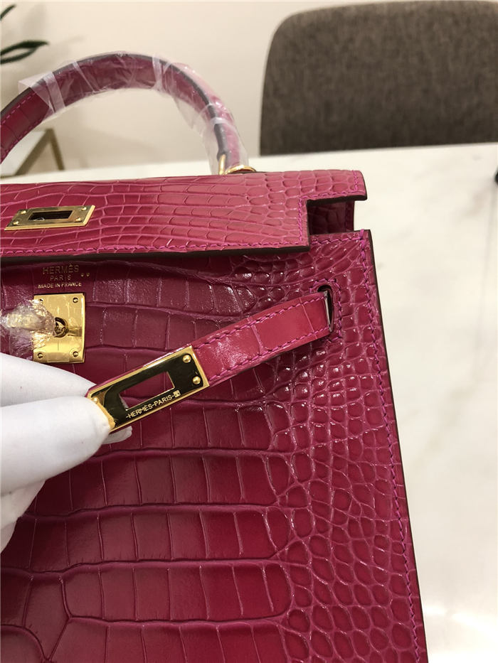 Hermes Kelly 25cm Sellier Bag Embossed Crocodile Leather In Magenta High