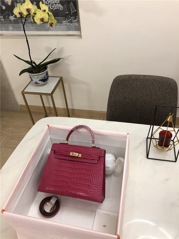 Hermes Kelly 25cm Sellier Bag Embossed Crocodile Leather In Magenta High