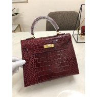 Hermes Kelly 25cm Sellier Bag Embossed Crocodile Leather In Burgundy High