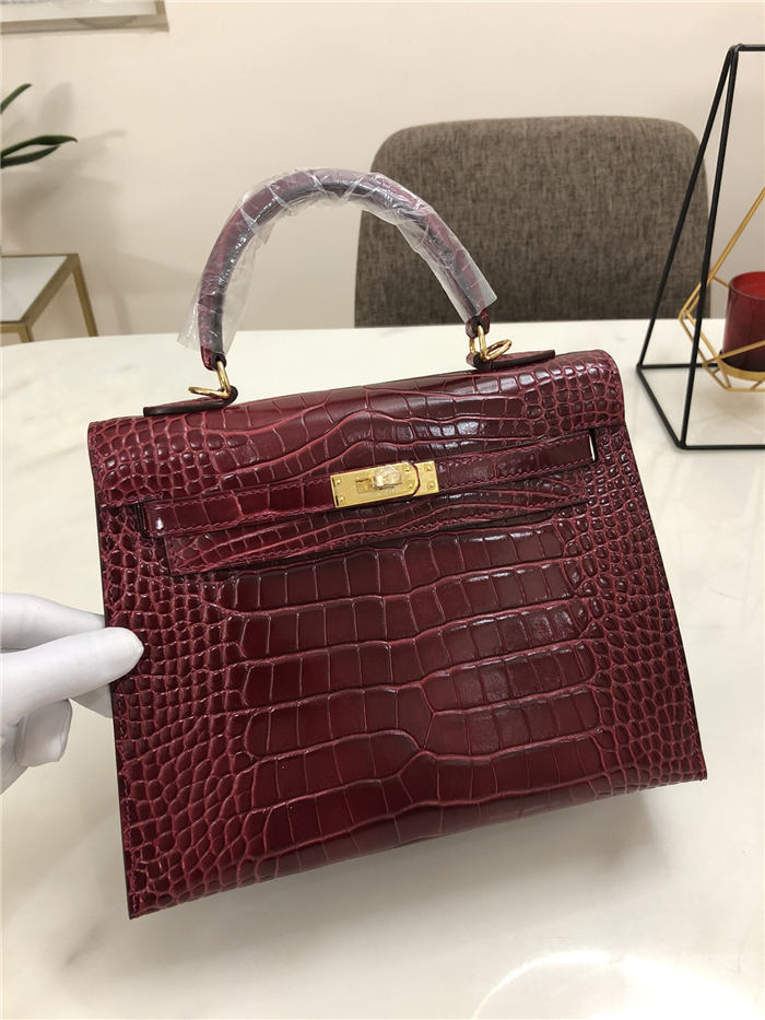 Hermes Kelly 25cm Sellier Bag Embossed Crocodile Leather In Burgundy High