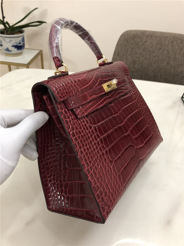 Hermes Kelly 25cm Sellier Bag Embossed Crocodile Leather In Burgundy High