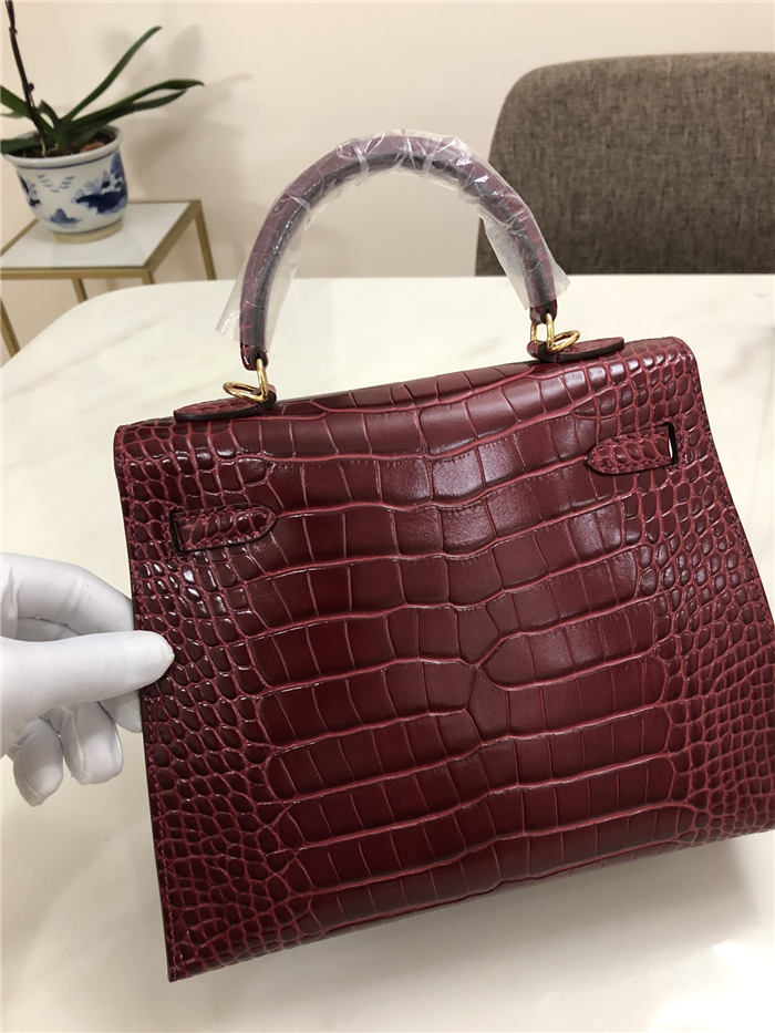 Hermes Kelly 25cm Sellier Bag Embossed Crocodile Leather In Burgundy High