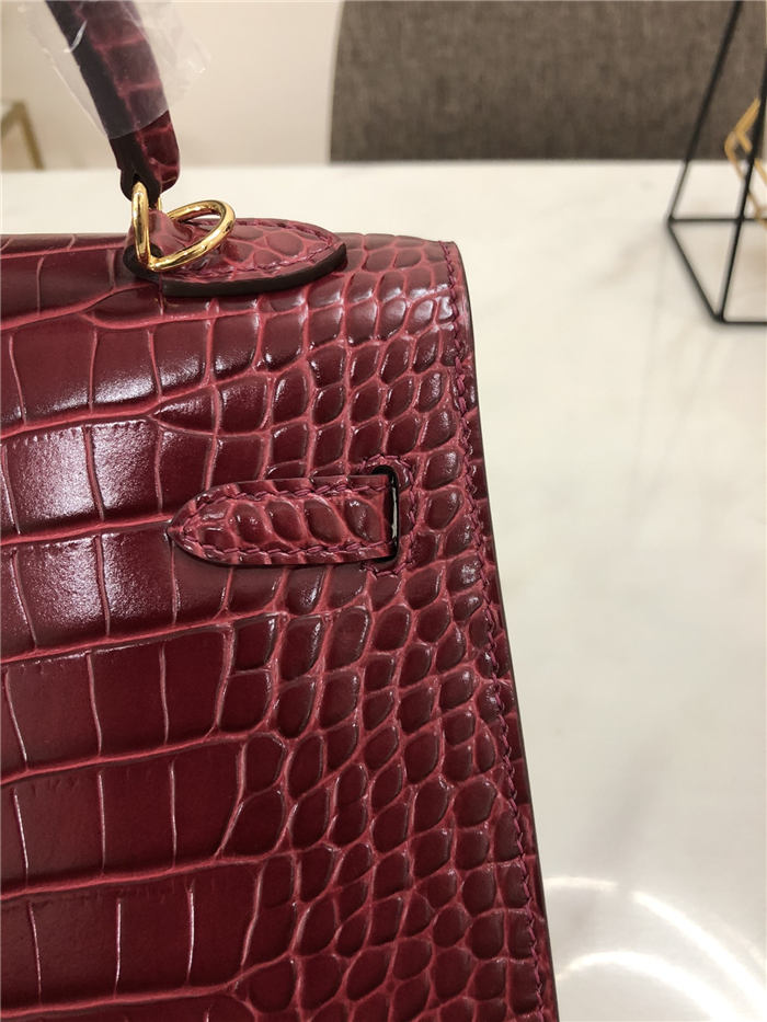 Hermes Kelly 25cm Sellier Bag Embossed Crocodile Leather In Burgundy High