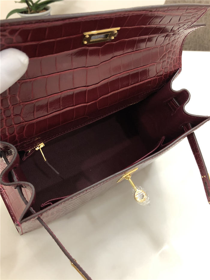 Hermes Kelly 25cm Sellier Bag Embossed Crocodile Leather In Burgundy High