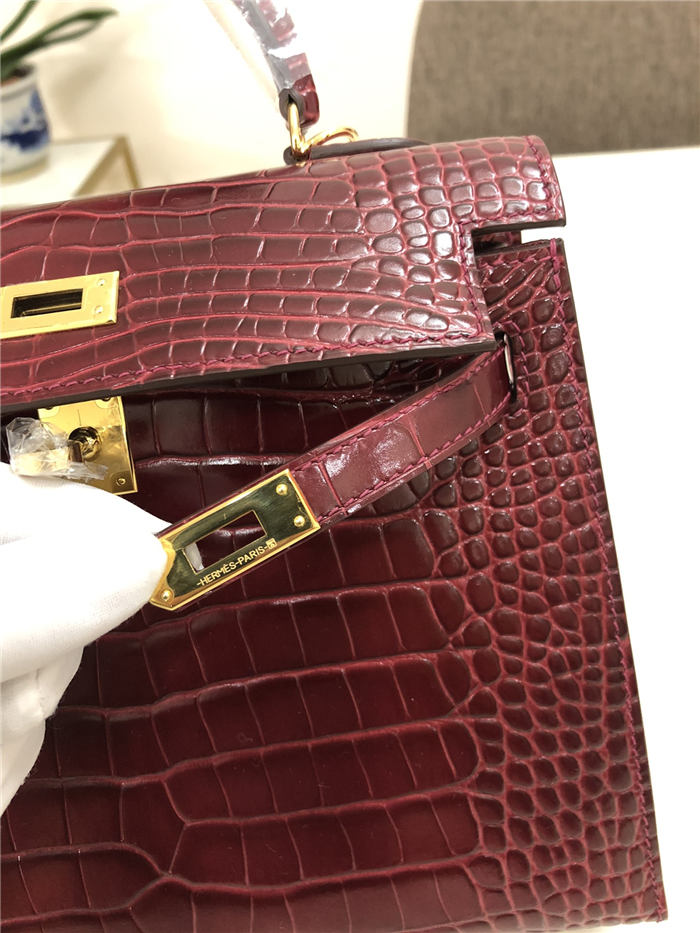 Hermes Kelly 25cm Sellier Bag Embossed Crocodile Leather In Burgundy High