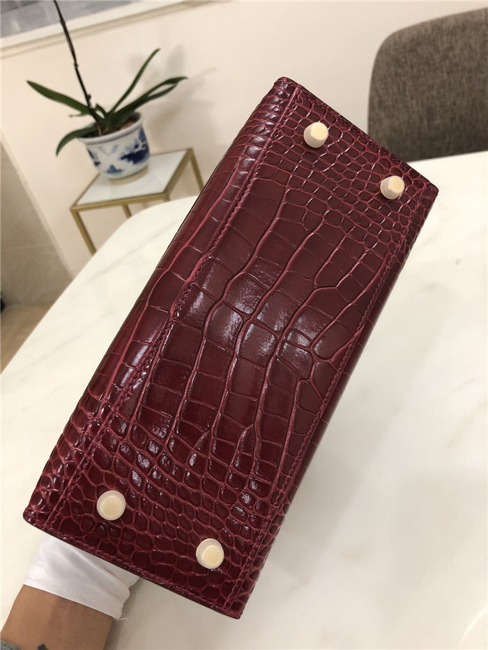 Hermes Kelly 25cm Sellier Bag Embossed Crocodile Leather In Burgundy High