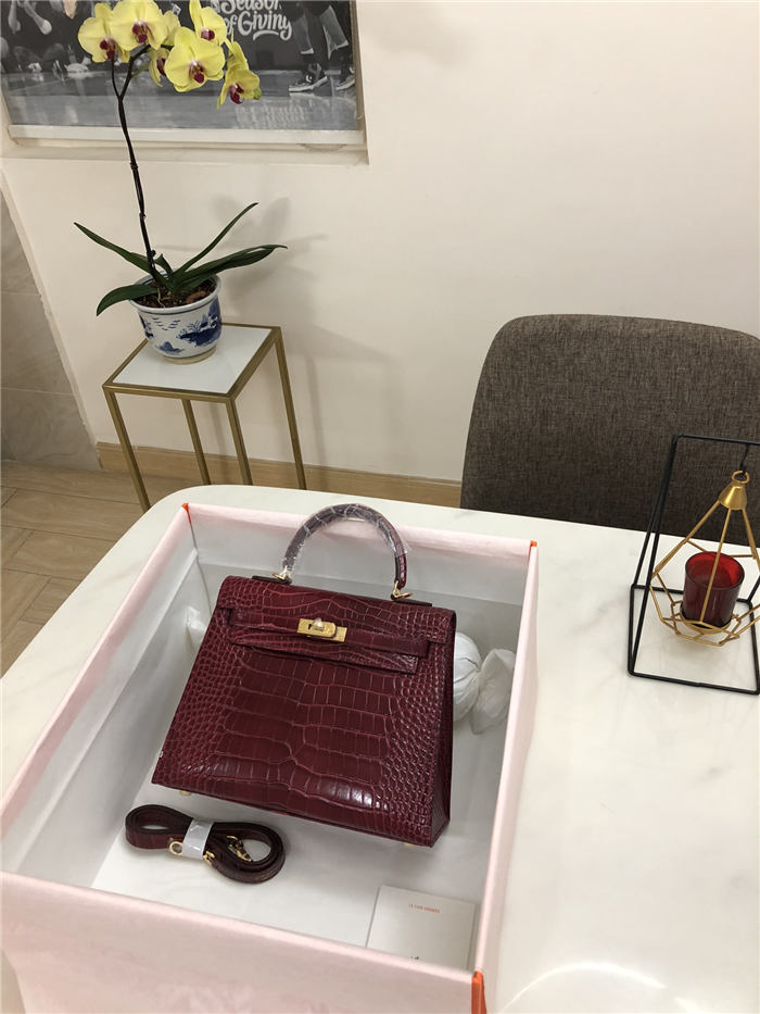 Hermes Kelly 25cm Sellier Bag Embossed Crocodile Leather In Burgundy High