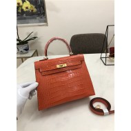 Hermes Kelly 25cm Sellier Bag Embossed Crocodile Leather In Orange-Red High