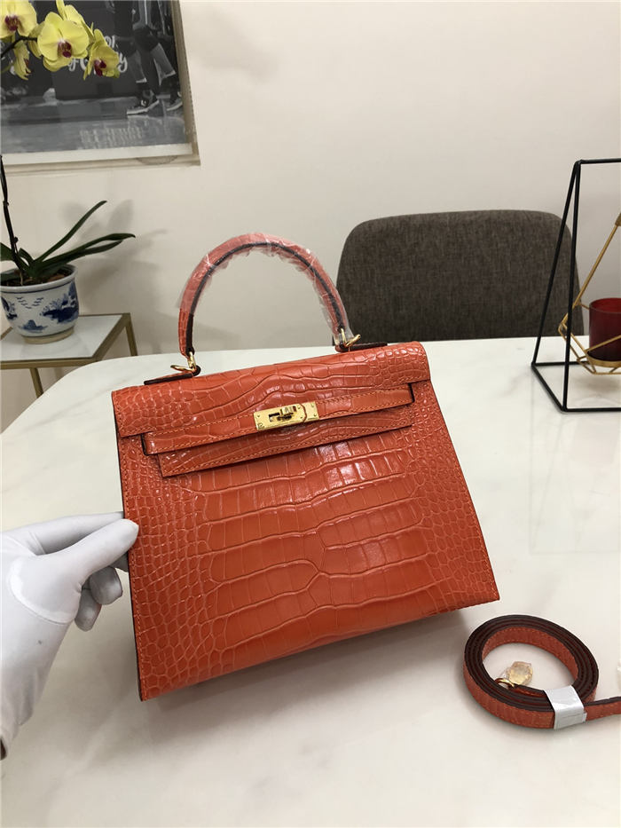 Hermes Kelly 25cm Sellier Bag Embossed Crocodile Leather In Orange-Red High