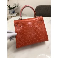 Hermes Kelly 25cm Sellier Bag Embossed Crocodile Leather In Orange-Red High