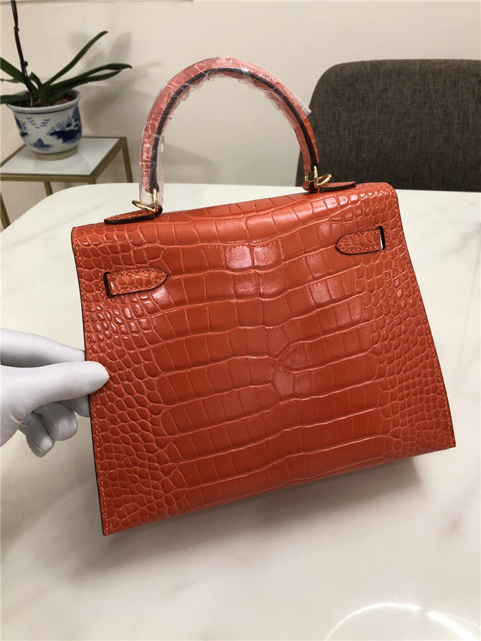 Hermes Kelly 25cm Sellier Bag Embossed Crocodile Leather In Orange-Red High