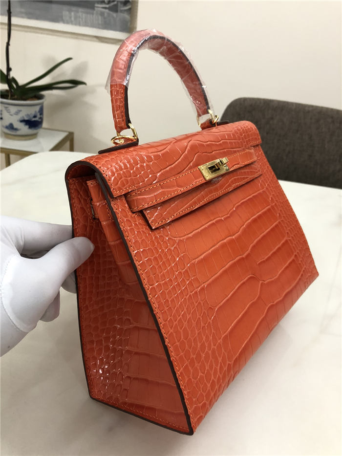 Hermes Kelly 25cm Sellier Bag Embossed Crocodile Leather In Orange-Red High