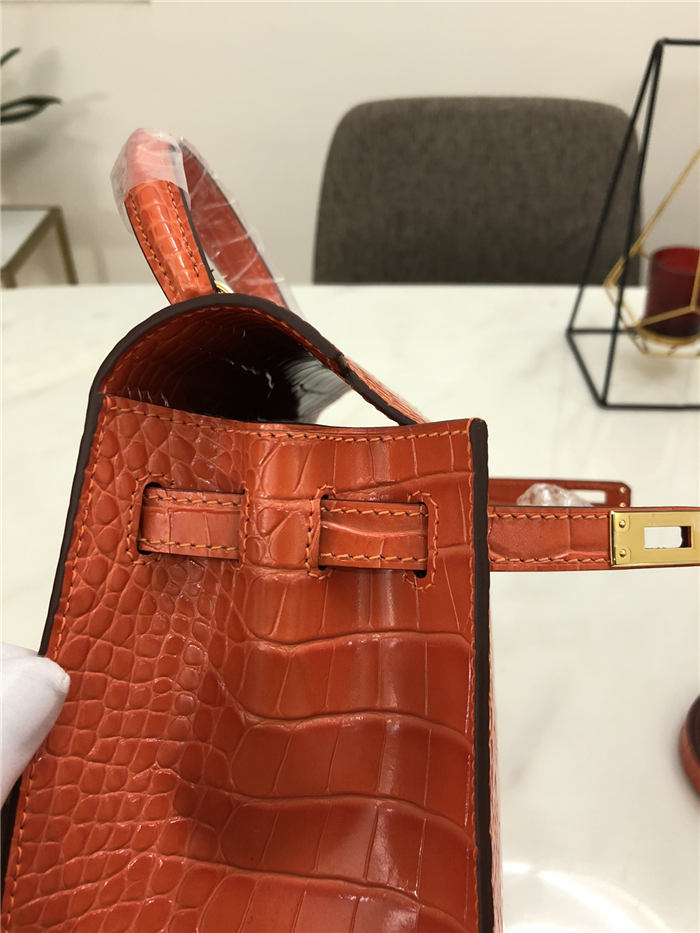 Hermes Kelly 25cm Sellier Bag Embossed Crocodile Leather In Orange-Red High