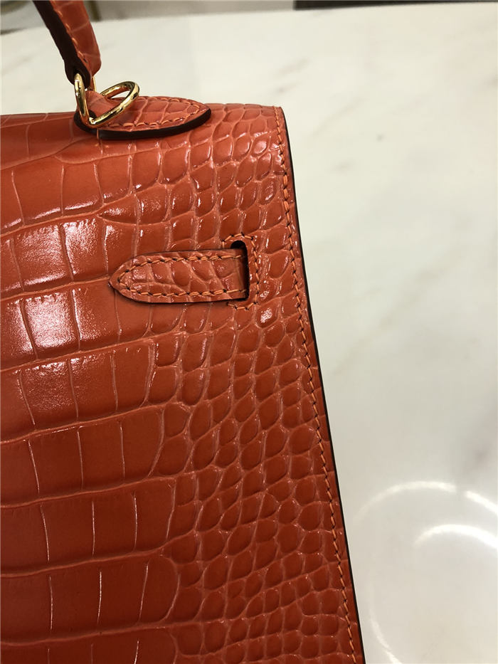 Hermes Kelly 25cm Sellier Bag Embossed Crocodile Leather In Orange-Red High