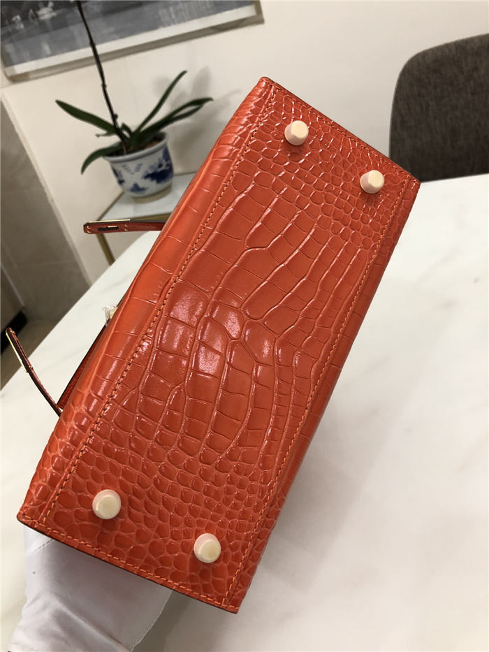 Hermes Kelly 25cm Sellier Bag Embossed Crocodile Leather In Orange-Red High