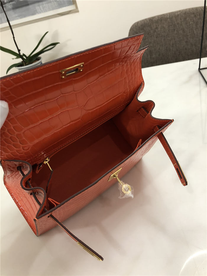 Hermes Kelly 25cm Sellier Bag Embossed Crocodile Leather In Orange-Red High