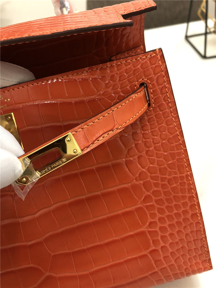 Hermes Kelly 25cm Sellier Bag Embossed Crocodile Leather In Orange-Red High