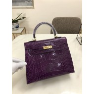 Hermes Kelly 25cm Sellier Bag Embossed Crocodile Leather In Purple High