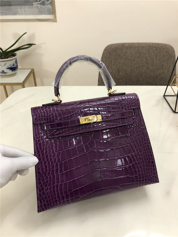 Hermes Kelly 25cm Sellier Bag Embossed Crocodile Leather In Purple High