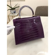 Hermes Kelly 25cm Sellier Bag Embossed Crocodile Leather In Purple High