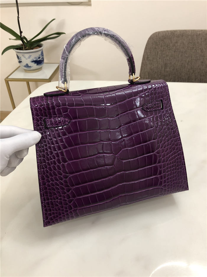 Hermes Kelly 25cm Sellier Bag Embossed Crocodile Leather In Purple High