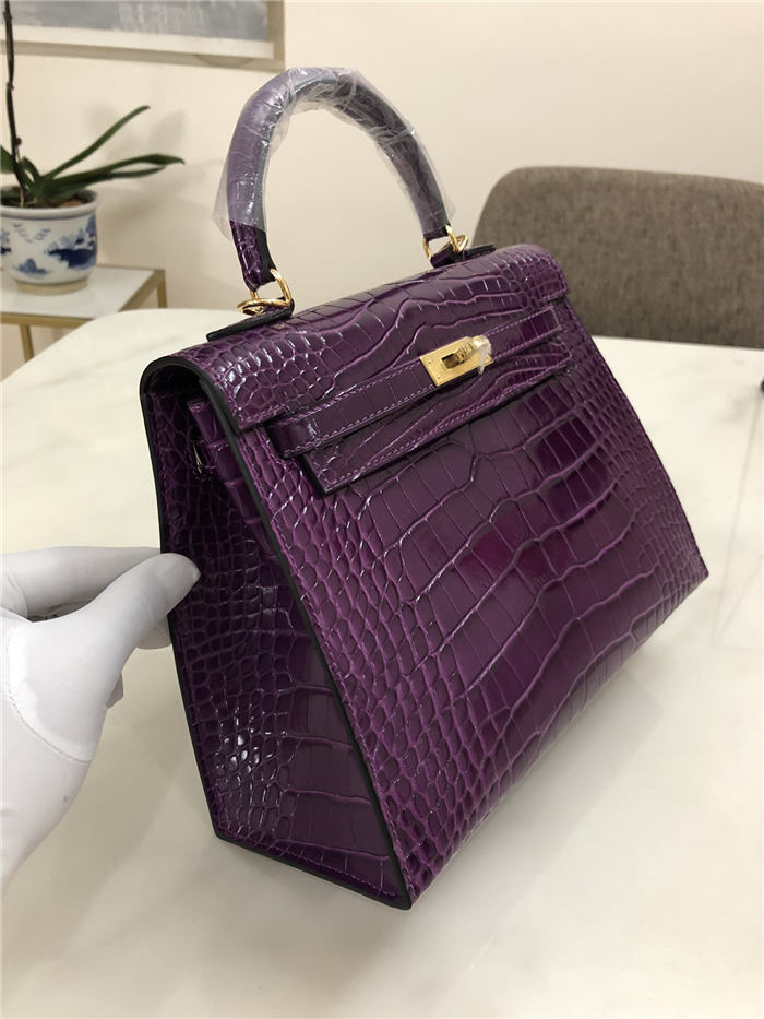 Hermes Kelly 25cm Sellier Bag Embossed Crocodile Leather In Purple High