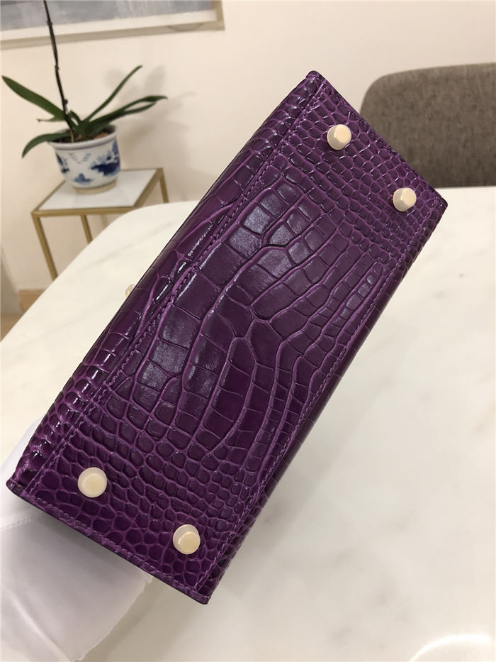 Hermes Kelly 25cm Sellier Bag Embossed Crocodile Leather In Purple High