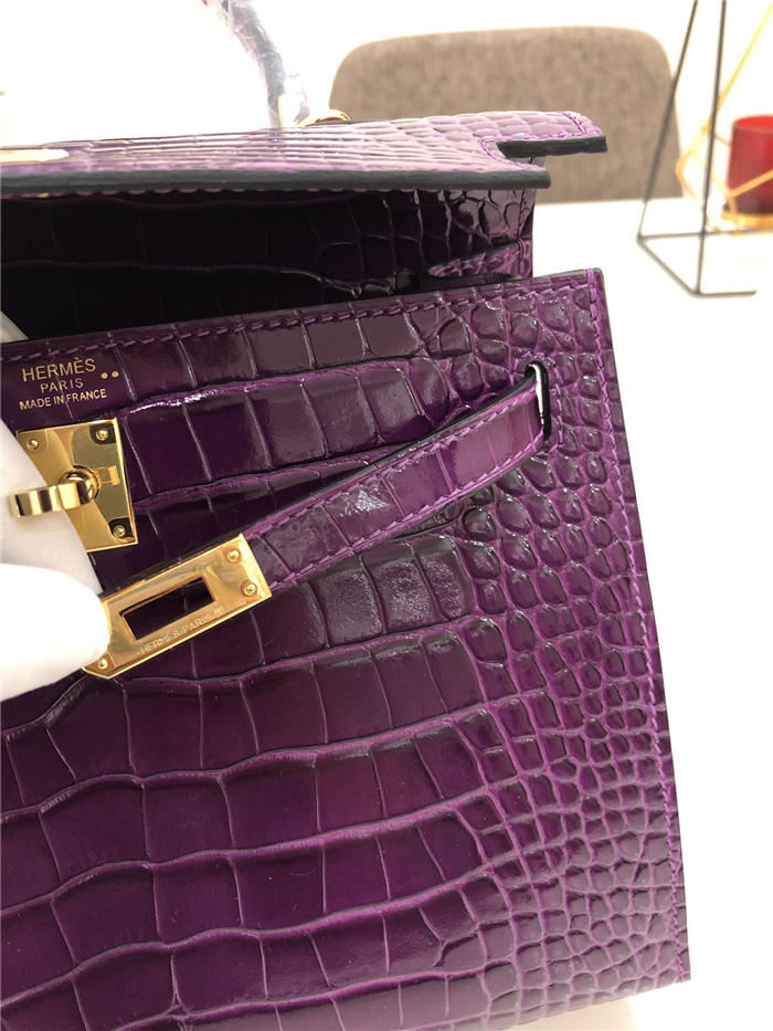 Hermes Kelly 25cm Sellier Bag Embossed Crocodile Leather In Purple High