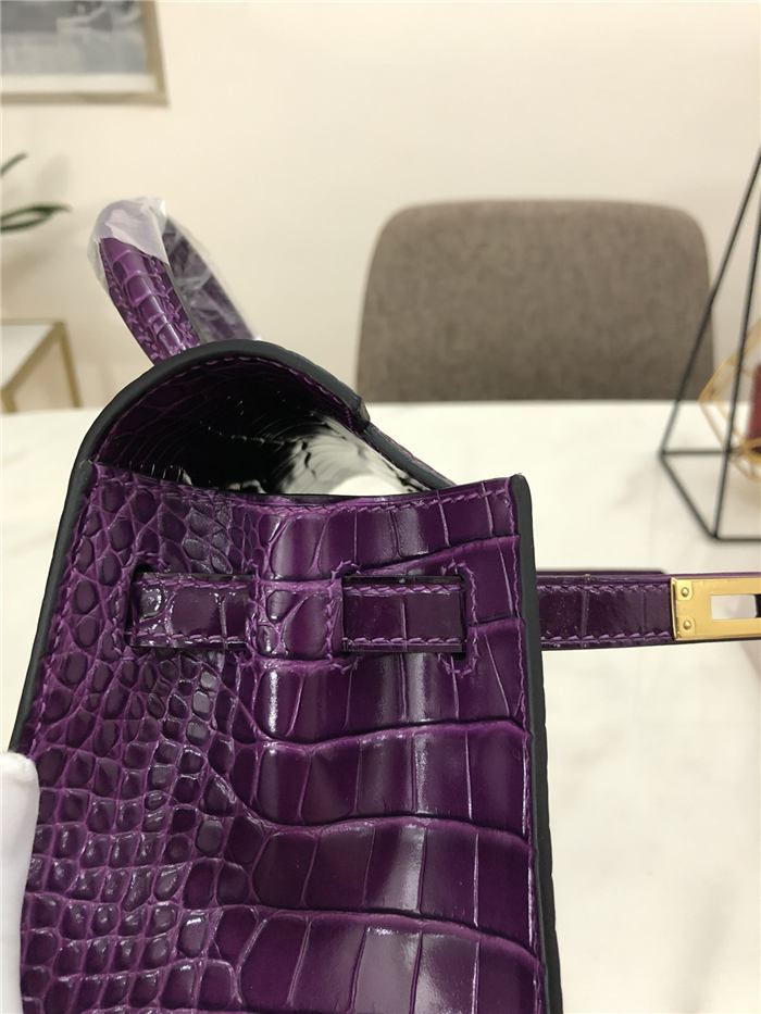 Hermes Kelly 25cm Sellier Bag Embossed Crocodile Leather In Purple High