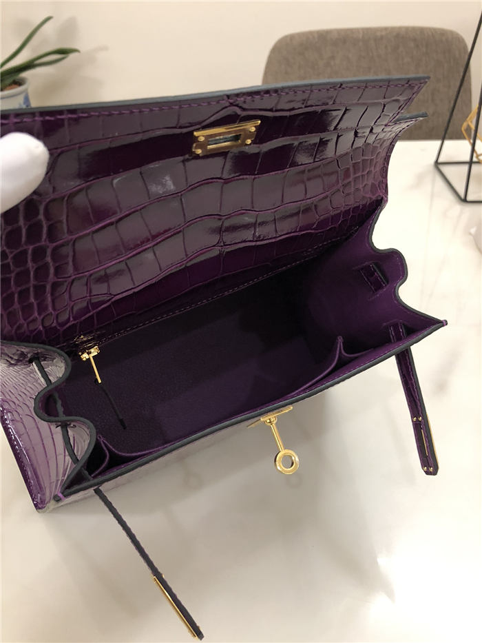 Hermes Kelly 25cm Sellier Bag Embossed Crocodile Leather In Purple High