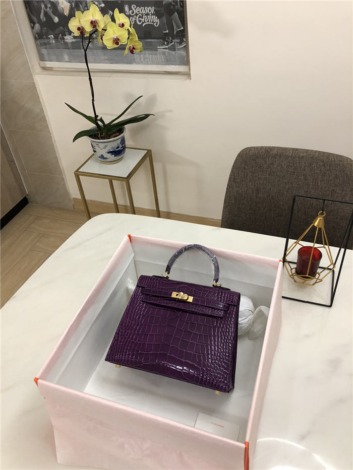 Hermes Kelly 25cm Sellier Bag Embossed Crocodile Leather In Purple High