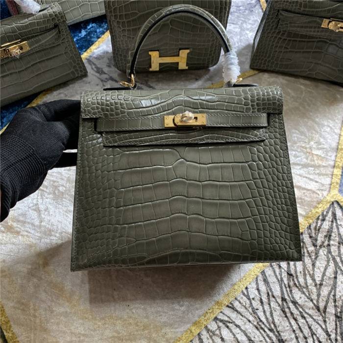 Hermes Kelly 25cm Sellier Bag Embossed Crocodile Leather In Grey High