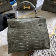 Hermes Kelly 25cm Sellier Bag Embossed Crocodile Leather In Grey High