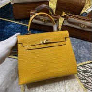 Hermes Kelly 25cm Sellier Bag Embossed Crocodile Leather In Yellow High