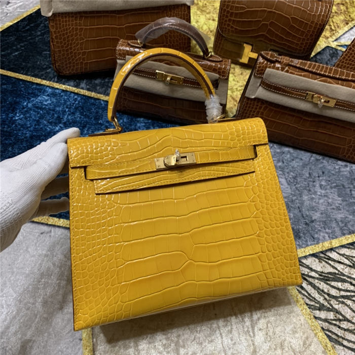 Hermes Kelly 25cm Sellier Bag Embossed Crocodile Leather In Yellow High