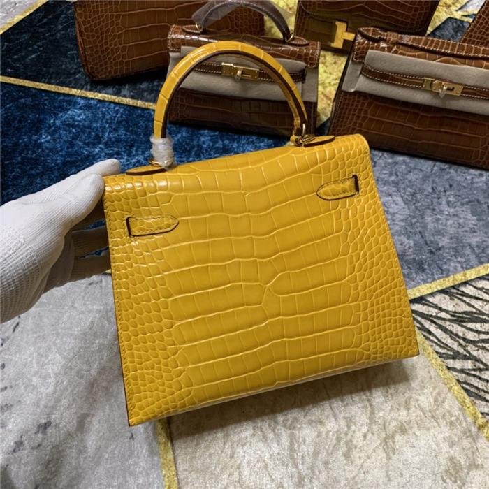 Hermes Kelly 25cm Sellier Bag Embossed Crocodile Leather In Yellow High